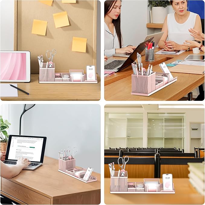 SUPEASY Pen Holder for Desk, 6 Piece Mesh Desk Organizer set, Desk Accessories for Office Organization with Mail Organizer, Letter Phone Holder, Sticky Notes Caddy Storage, Pink