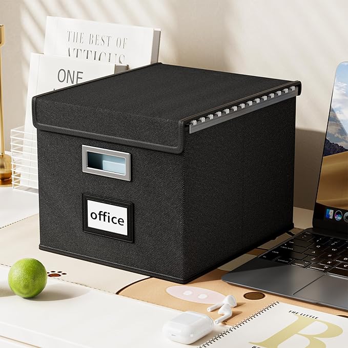 Upgraded File Organizer Boxes with Lids, Huolewa Collapsible Linen Hanging Filing & Storage Boxes with Plastic Slide for Office/Decor/Home, Filling System for File/Folders/Document Storage -2 Pack