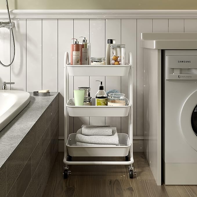 3-Tier White Utility Rolling Cart,Kitchen Storage Carts with Wheels,White Metal Rolling Cart for Office,Home,Kitchen,Garden（18"x11.4"x31.2"）