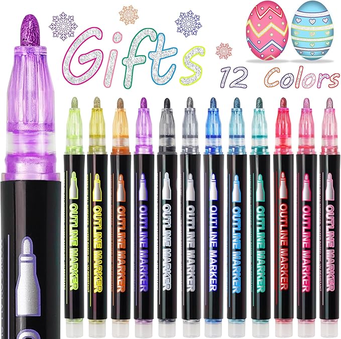 Shimmer Outline Markers Doodle Outline Pens:12 Glitter Pens Outliner Set Christmas Stocking Stuffers Tween Teen Girl Gifts Trendy Stuff Cute Arts Crafts Supplies Kids Ages 4 6 8 9 10 14 16 18 Year Old