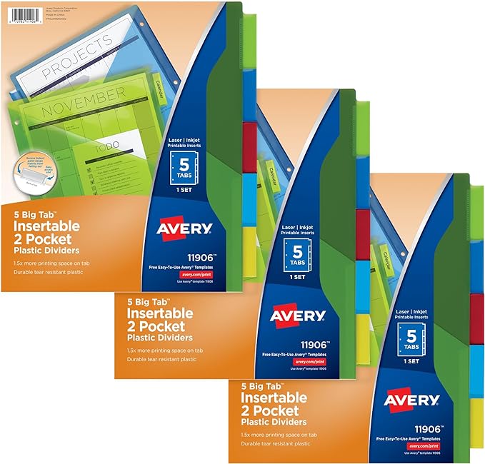 Avery Dividers for 3 Ring Binders, 5-Tab Sets, Two-Pocket Plastic Binder Dividers with Tabs, Multicolor, 3 Sets (71906)