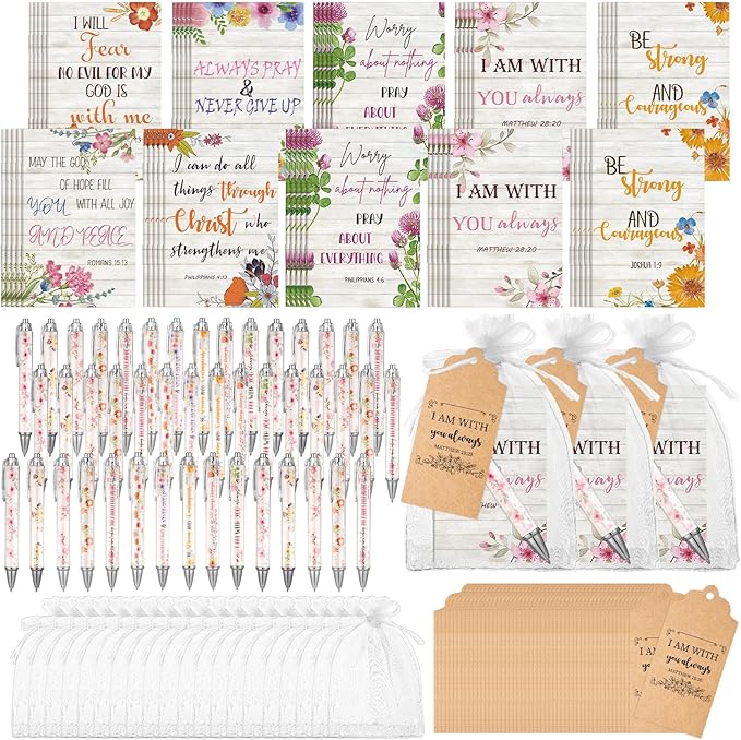 200 Pcs Bible Verse Sets Church Christian Gift Include 50 Scripture Notebooks 50 Bible Bamboo Pens 50 Thanks Tags 50 Organza Bags for Women Man Christian Party Gifts(White,Floral)