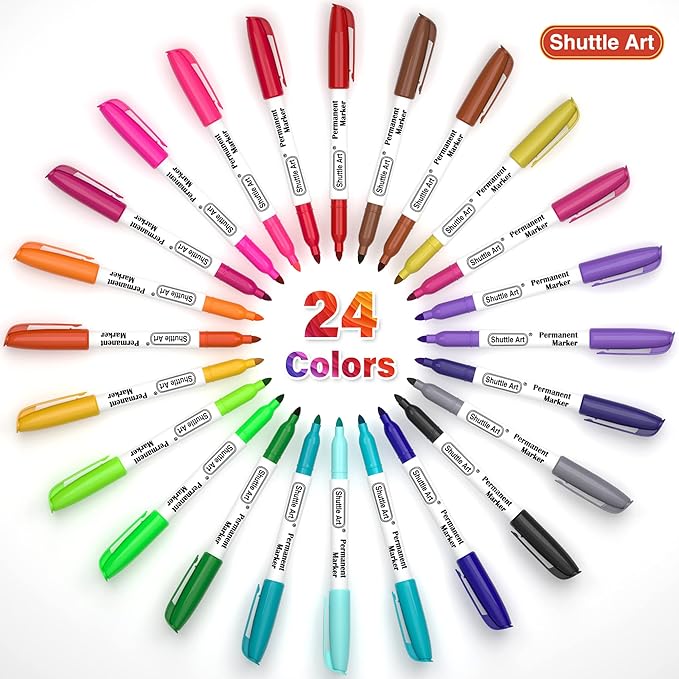 Shuttle Art Permanent Markers, 24 Colors Fine Point Assorted Colors Permanent Marker Set, Works on Plastic,Wood,Stone,Metal and Glass for Doodling, Coloring, Marking