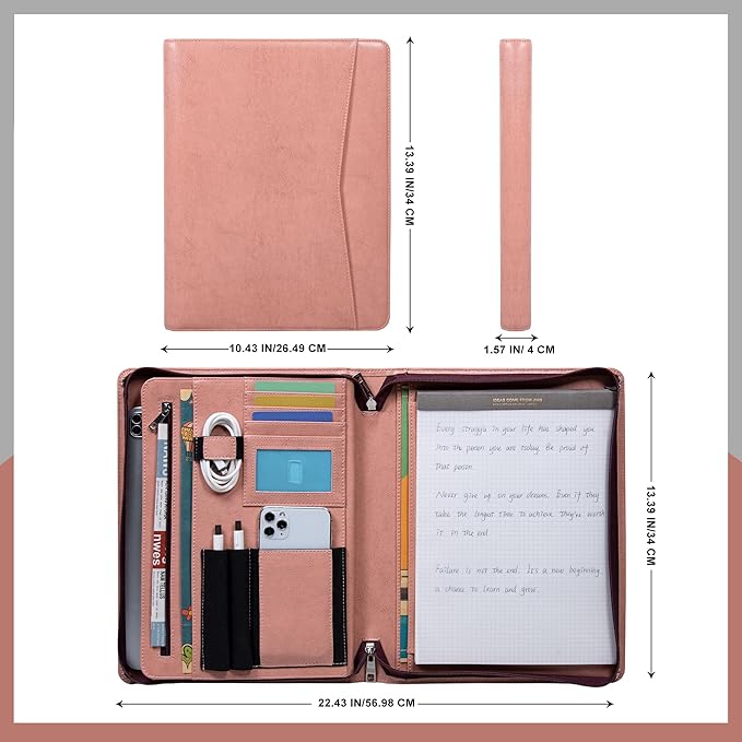 Business Vegan Leather Folder with Clipboards, Portfolio Binder Organizer, Business Portfolio for Men/Women, Zipper Portfolio Notebook, Binder with clipboard, Personalized Gift for Friends, Pink