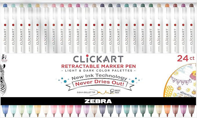 Zebra Pen ClickArt Retractable Marker Pen, Fine Point, 0.6mm, Assorted Light & Dark Ink Colors, 24-Pack, 69824