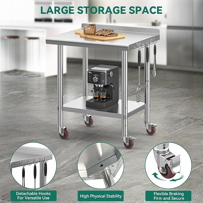 YITAHOME 30" x 24" Stainless Steel Table with Wheels for Prep & Work with Backsplash, NSF Metal Table Prep Table with Undershelf for Home Kitchen Restaurant Garage Warehouse