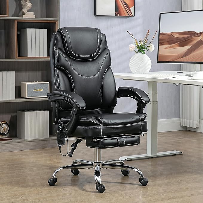 Vinsetto PU Leather Vibration Massage Office Chair with 6 Points, Heated Reclining Computer Chair with Adjustable Height, Footrest - Black