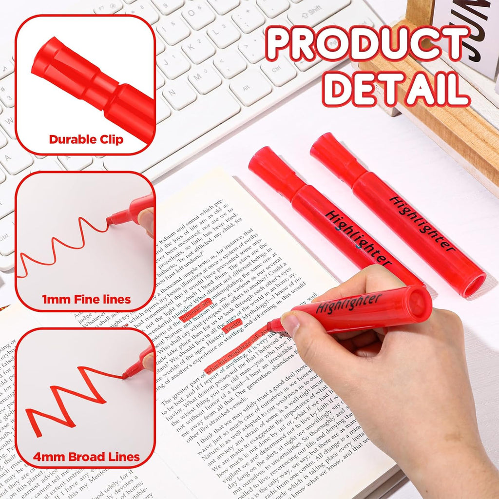 Qilery 30 Pack Highlighters Bulk, Tank Style Chisel Tip Highlighters Markers Quick Drying for Kids and Adult Coloring, Classroom Home Office School Supplies (Red)