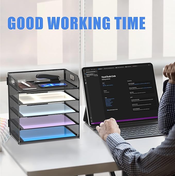 2 Pack 5-Tier Desk Organizer with Handle Mesh Desk File/Paper Organizer Letter Tray for Office, School and Home Easy Installation,Black