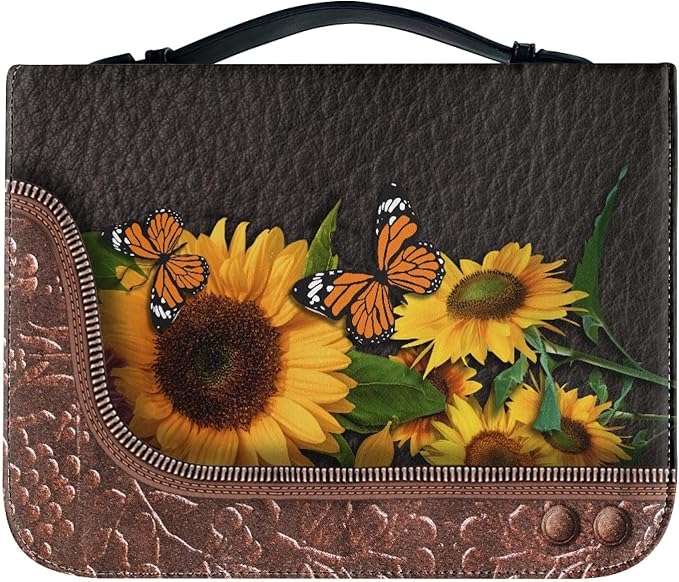 Lotusorchid Bible Covers for Women Men PU Leather Bible Case, Portable Sunflower Butterfly Bible Bag Tote Book Carrying Case Christian Bible Accessories with Handle Pocket, Brown,2XL