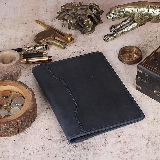 Leather Junior Padfolio for Men Women Business Portfolio Folder Compact 5 x 8 Legal Pad Organizer with Pen Loop Professional Resume Interview Document Holder Padfolio (Blue)