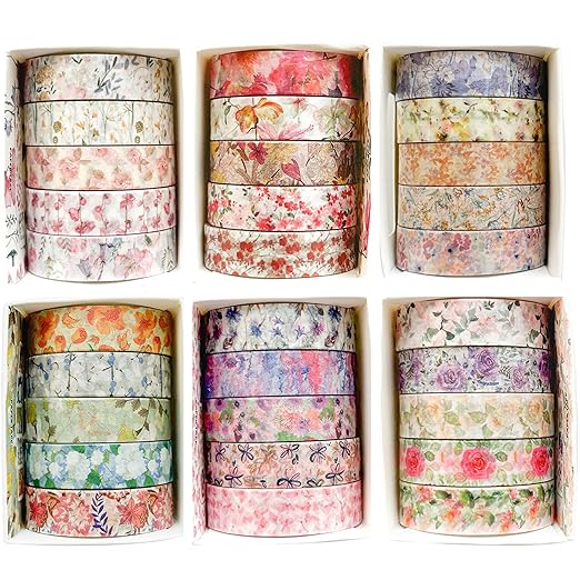 YUBX Flowers Washi Tape Set 30 Rolls Floral Patterns Decorative Skinny Slim Masking Tapes for Arts, DIY Crafts, Journals, Planners, Scrapbook, Wrapping (Blossoms Flourish)