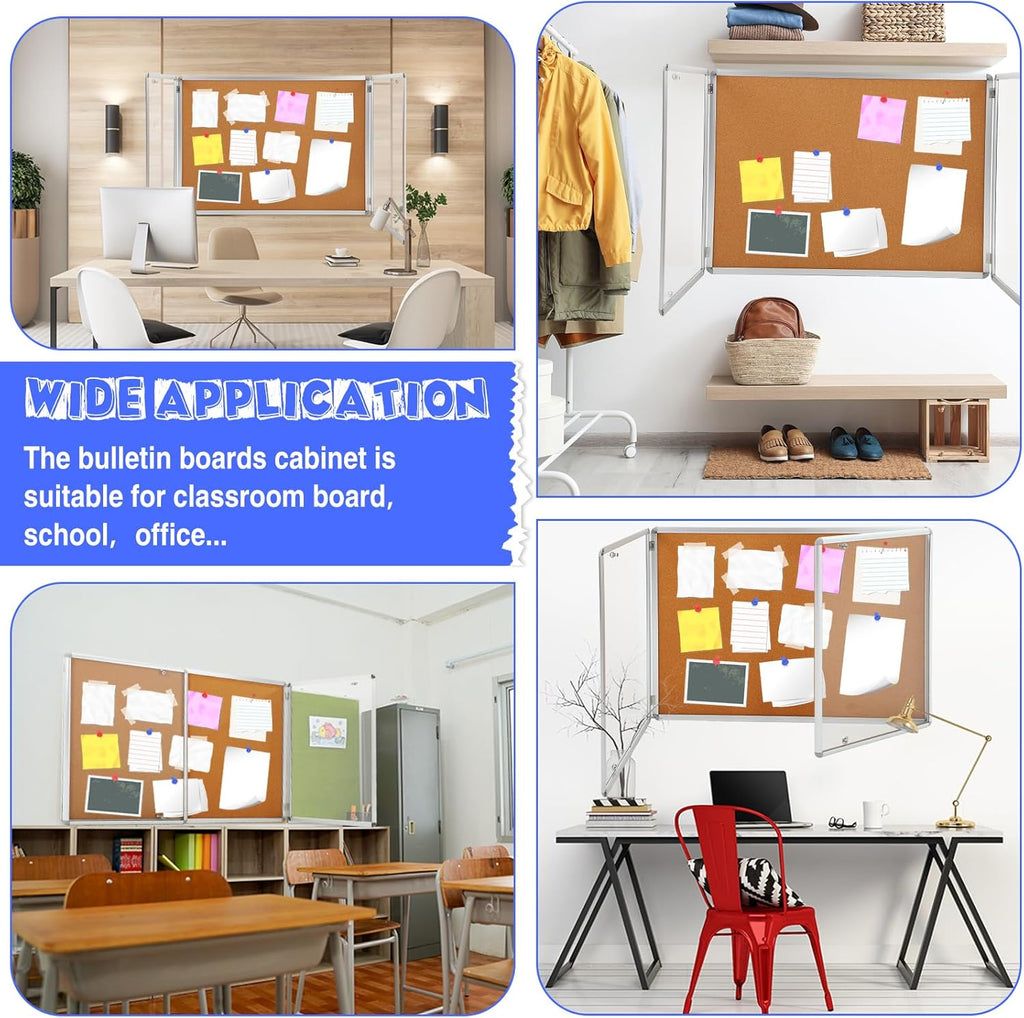 Enclosed Bulletin Board 48" x 36" Weather Resistant Lockable Notice Cork Display Board Wall Mounted 2 Locking Door for School Classroom Commercial Back to School, 12 x A4(Brown, Silver Frame)