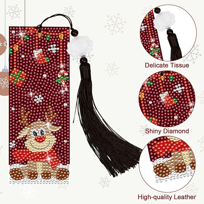 Anseal Christmas Diamond Painting Bookmarks for Book Lovers, Rhinestone PU Leather Diamond Art Bookmark for Women Girls, Tassel Beaded Book Mark for Graduation Birthday Christmas Reading Present