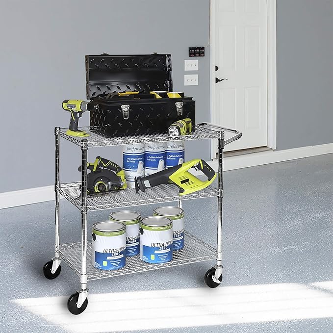 Seville Classics 3-Tier UltraDurable Commercial-Grade NSF-Certifed Service Utility Storage Cart, 34" W, Chrome (1 Pallet of 34 Packs)