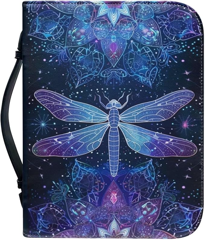 Lotusorchid Dragonfly Print Bible Covers for Women PU Leather Bible Case, Portable Bible Tote Bag Bible Book Carrying Case Christian Bible Accessories with Handle Pocket, Blue, XL
