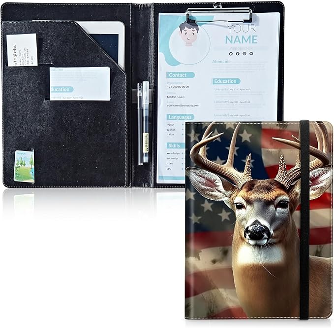 Padfolio Folder with Clipboard,Portfolios Organizer Clipboards with Storage Clipboard Writing Pad PU Leather Conference Document Organizer with Business Card Holder,Flag Deers