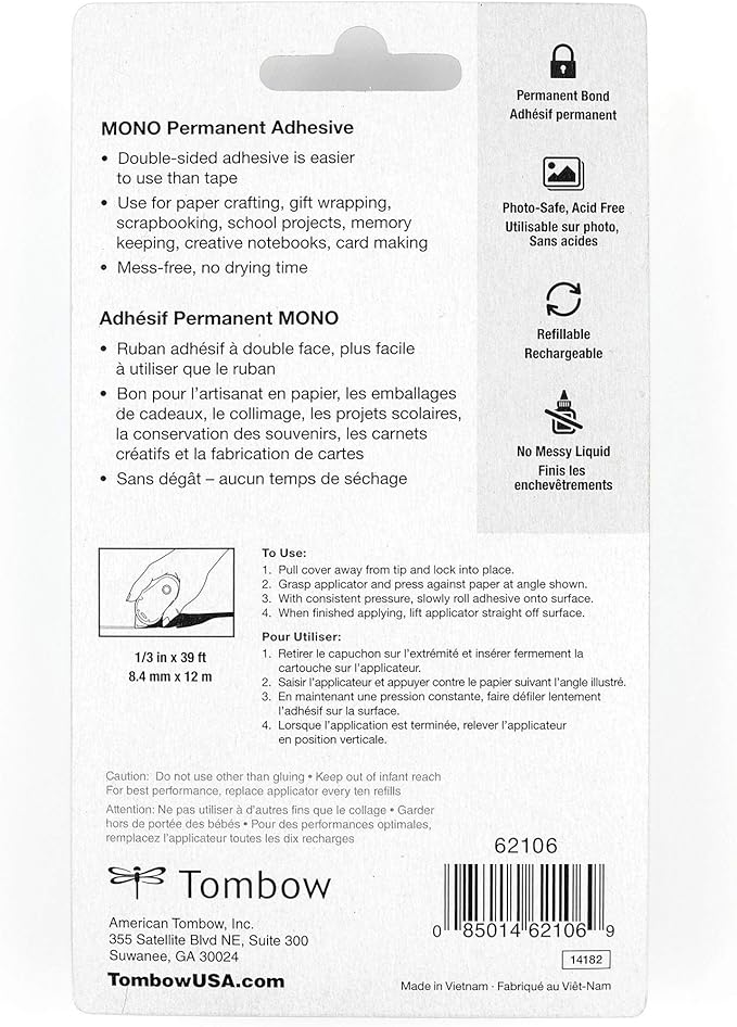 Tombow 62106 MONO Permanent Adhesive Applicator. Easy to Use Tape Runner for Strong, Instant Bond.