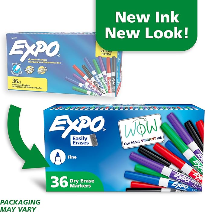 EXPO Low Odor Dry Erase Markers, Fine Tip, Assorted Colors, 36 Count