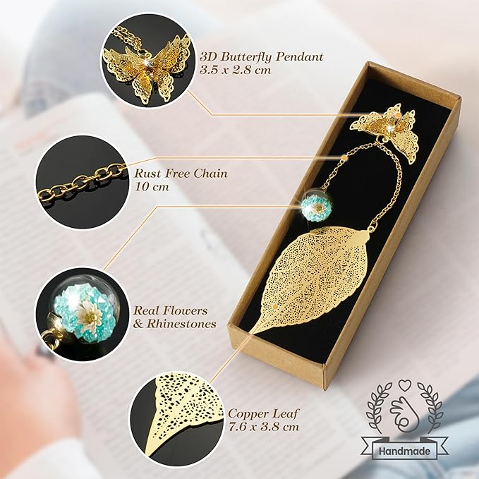 Bookmark with Gift Card,Golden Leaf Book Mark, Rose Flower Craft Gift Card Envelope, Gift for Family, Friend, Kid, Book Lovers sunflbw