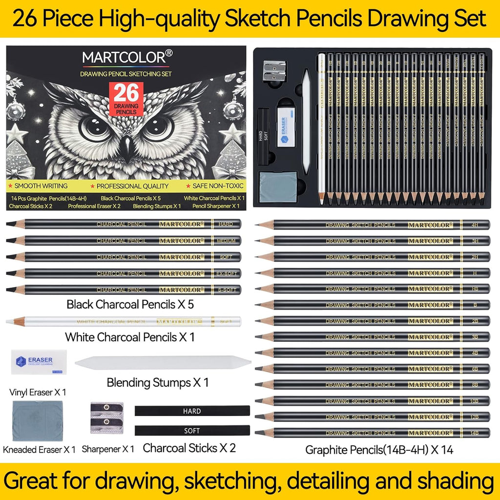 Drawing Sketching Pencil Set, 26 Pieces, Graphite Pencils (14B-4H), Charcoal Pencils, Charcoal Sticks, Blending Stump, Eraser, Sharpeners, Artist Pencils for Beginners & Pro Artists