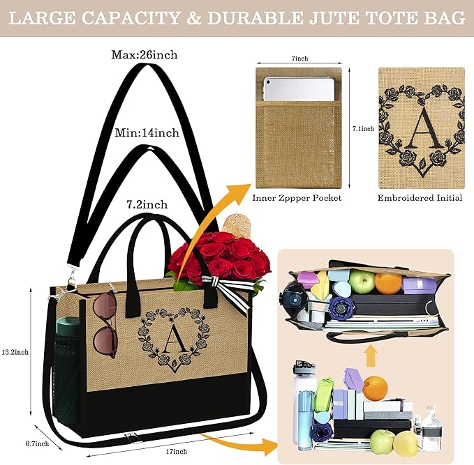 YOOLIFE Christmas Gifts for Women - Initial Jute Tote Bag & Makeup Bag, Birthday Gifts for Women Her Mom Teacher Friend