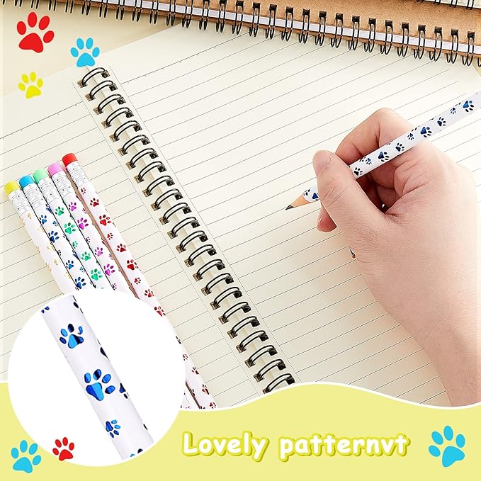 Chinco 36 Pieces Paw Print Pencils Dog Paw Wooden Writing Novelty Pencils with Erasers for Kids Doggy Party Favors Welcome Back to School Party Supplies, 6 Colors
