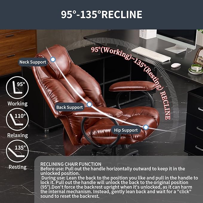 Office Chair Big and Tall, High Back Home Office Chair 400 lbs, Executive Desk Chair, Ergonomic Office Chair with Padded Armrest, Swivel Computer Chair PU Leather (Brown)