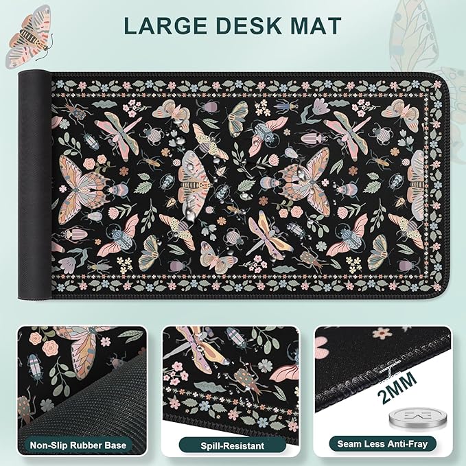 iLeadon Large Mouse Pad and Keyboard Wrist Rest,4in1 Desk Pad Set for Computer Keyboard,Long Floral Mouse Pad XXL+Cup Coaster with Non-Slip Base for Home Office,Black Insect