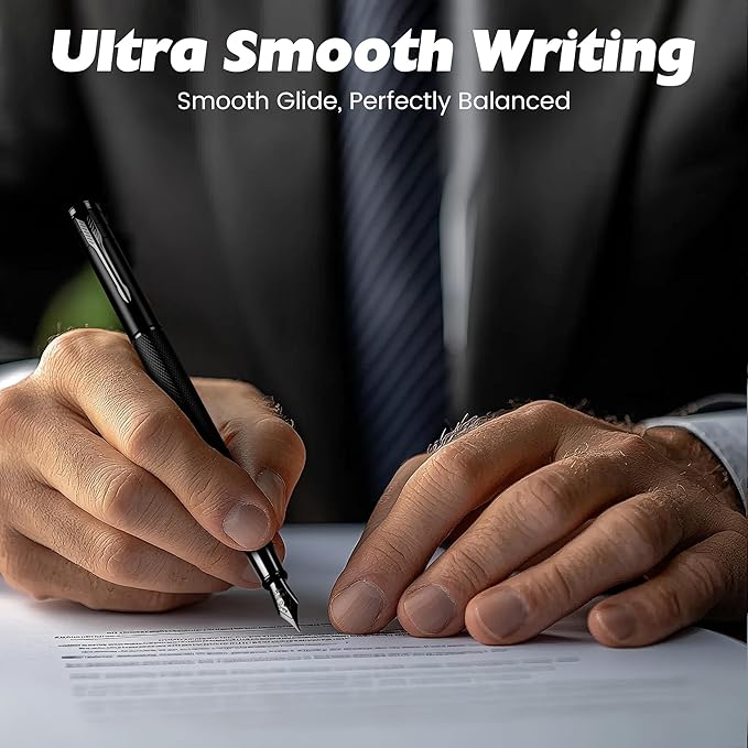 Fountain Pen with Fine Nib - Modern Black Metal Design with Intricate Knurled Grip, Smooth and Skip-Free Writing, Includes Ink Cartridges, Converter, and Protective Sleeve