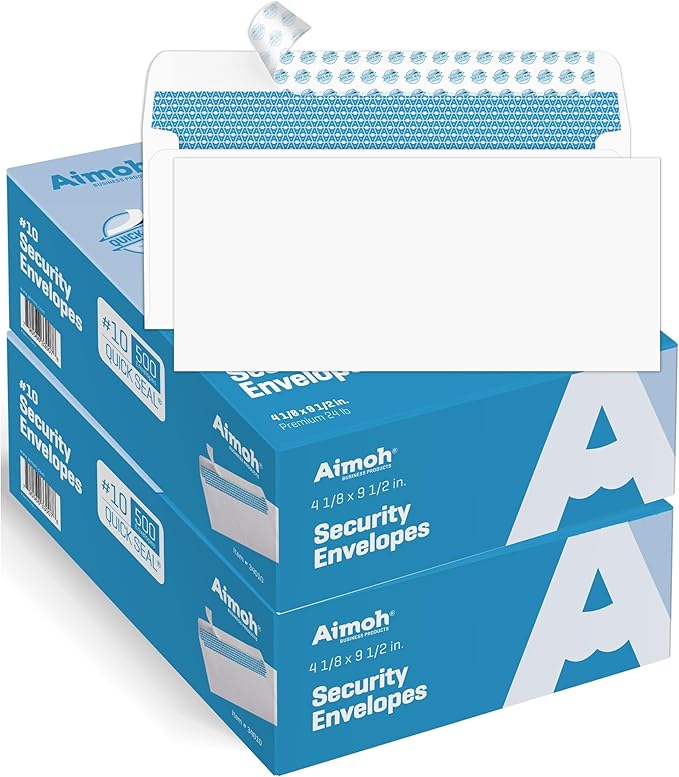 Aimoh 1000#10 Security Self-Seal Envelopes, Windowless Design, Premium Security Tint Pattern, Strong Quick-Seal Closure - EnveGuard - Size 4-1/8 x 9-1/2 Inches -White-24 LB- 1000 Count (34010-1000)