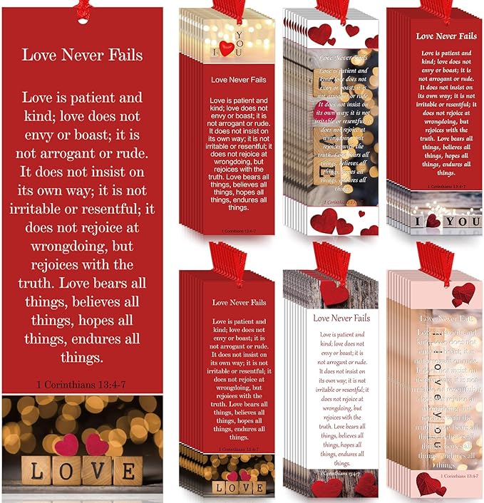 60 Pcs Love Never Fails Bookmark Valentine's Day Bookmarks Red Heart Valentines Day Exchange Gifts for Valentine's Party Favors