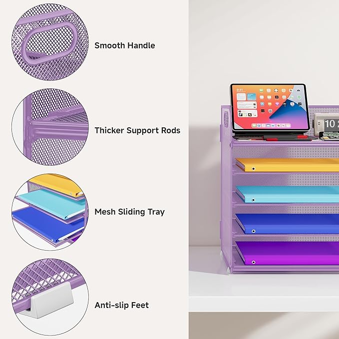 5 Tier Paper Organizer with Handle, Metal Mesh Desk Organizer File Folder Organizer Paper Letter Tray Desktop Document Sorter for Classroom, School, Office Organization and Storage - Purple