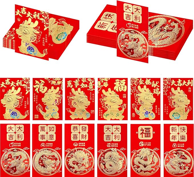 48 Pcs Chinese Red Envelopes 2024 Lucky Money Envelopes Hong Bao Red Pocket Envelope for Money Year of the Dragon 2024 Gifts for Spring Festival Wedding Birthday