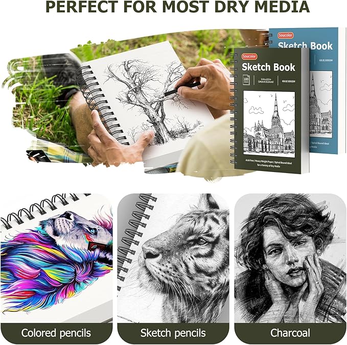 Soucolor 5.5" x 8.5" Sketchbook Pack of 2, 200 Sheets Sketch Book, Spiral Bound Sketch Pad Drawing Book Acid-Free Paper (68lb/100gsm), Painting Sketching Drawing Art Supplies for Adults Kids Teens