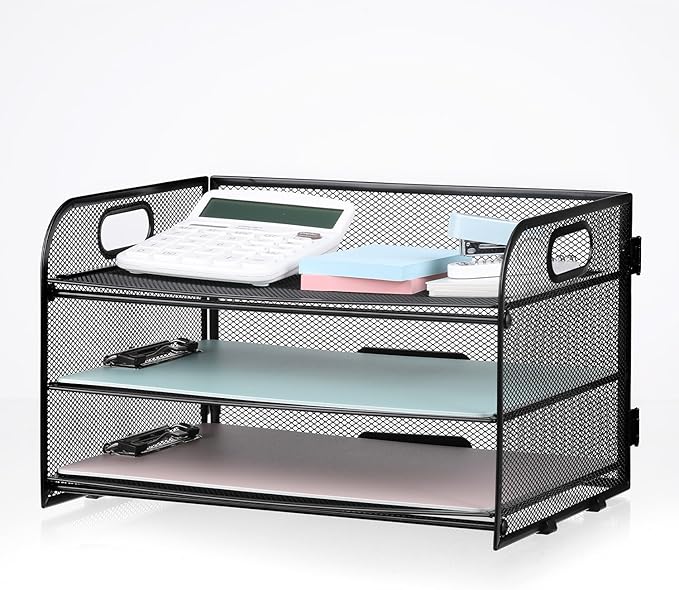 3-Tier Letter Tray Paper Organizer with Handle, Compact Mesh Desk File Organizer for Home Office Supplies Desktop Accessories,Black
