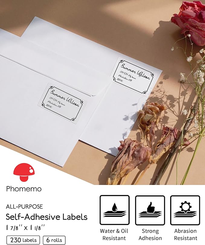 Phomemo [6x230 pcs] Original Labels for M110 M100 M220 M221 M120 M200, 1.97'' x 1.18'' (50x30mm),6 Rolls, 230 Labels/Roll, Square, White, All-Purpose Self-Adhesive Thermal, for Barcode, Name, Address