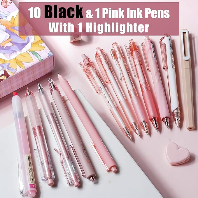 FourCandies 12Pack Pastel Gel Ink Pen Set, Cute Note Taking 0.5mm Fine Point Retractable 11 Pack Black Ink Pens with 1Pack Highlighter for Writing, School, Office (Pink)