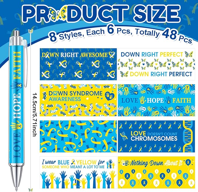 48 Pcs Down Syndrome Awareness Pens Blue Yellow Ribbon Awareness Ballpoint Pens Bulk Faith Courage Hope Strength Health Awareness Favor Gifts for Teen Social Charity Event