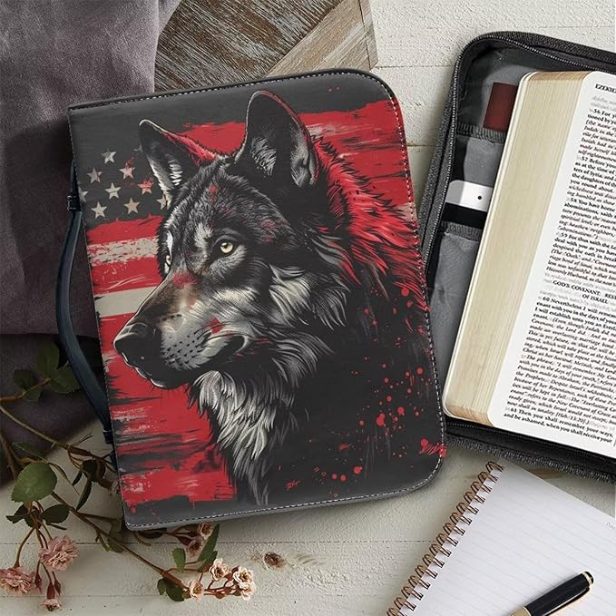 Lotusorchid American Flag Wolf Bible Bags, Faux Leather Bible Covers with Handle Pockets for Women, Portable Sturdy Bible Bag for Men, Christian Bible Study Accessories, Black and Red, M
