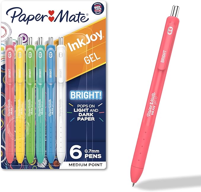 Paper Mate InkJoy Bright Gel Pens, Medium Point (0.7mm), Retractable, Assorted Opaque Ink, 6-Pack, Comfortable Grip, Vivid Colors