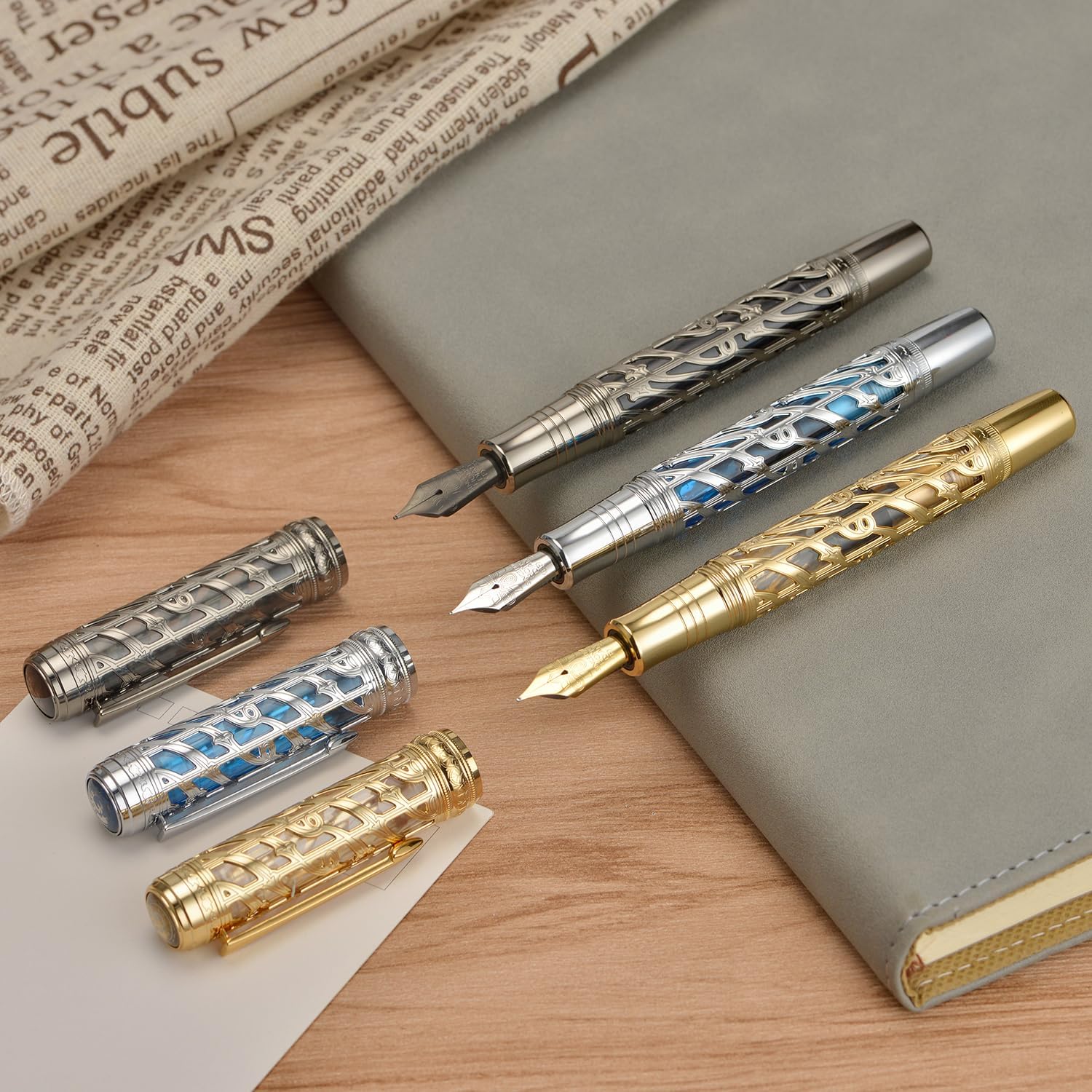 Hongdian A6 Piston Fountain Pen Fine Soft Nib, Silver Blue Hollow Skeleton & Resin Pen with Metal Case Set