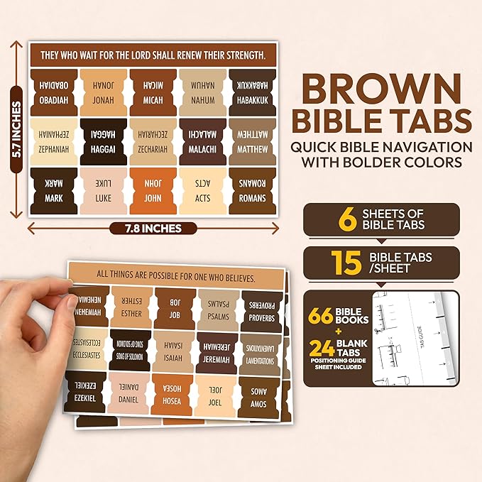 Brown Bible Tabs, 90 Large Print Bible Index Tabs for Study Bible, Laminated Easy-to-Read Label, Christian Gift for Women, Men, Kids