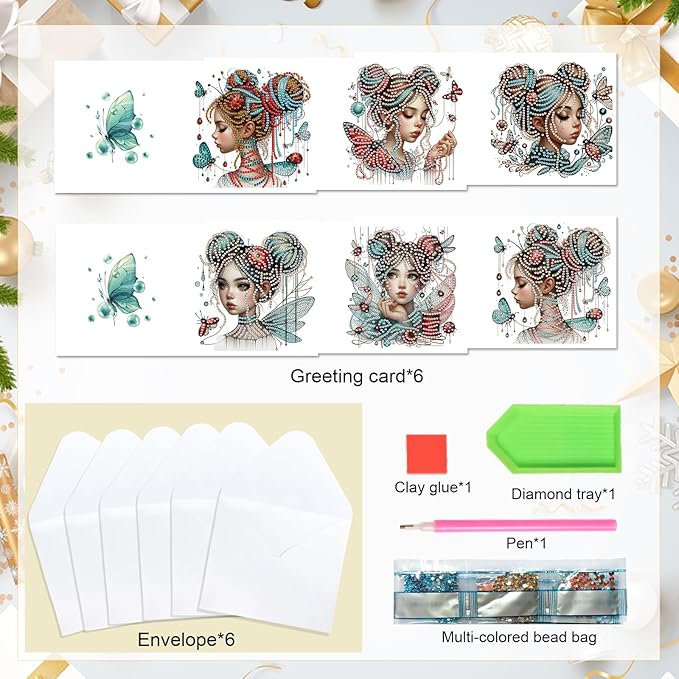 Tontut 6pcs Diamond Art Painting Kit Greeting Card, Temperament Butterfly Lady 5D DIY Diamond Handmade Holiday Sparkling Greeting Card with Envelope, Holiday Gift Congratulation