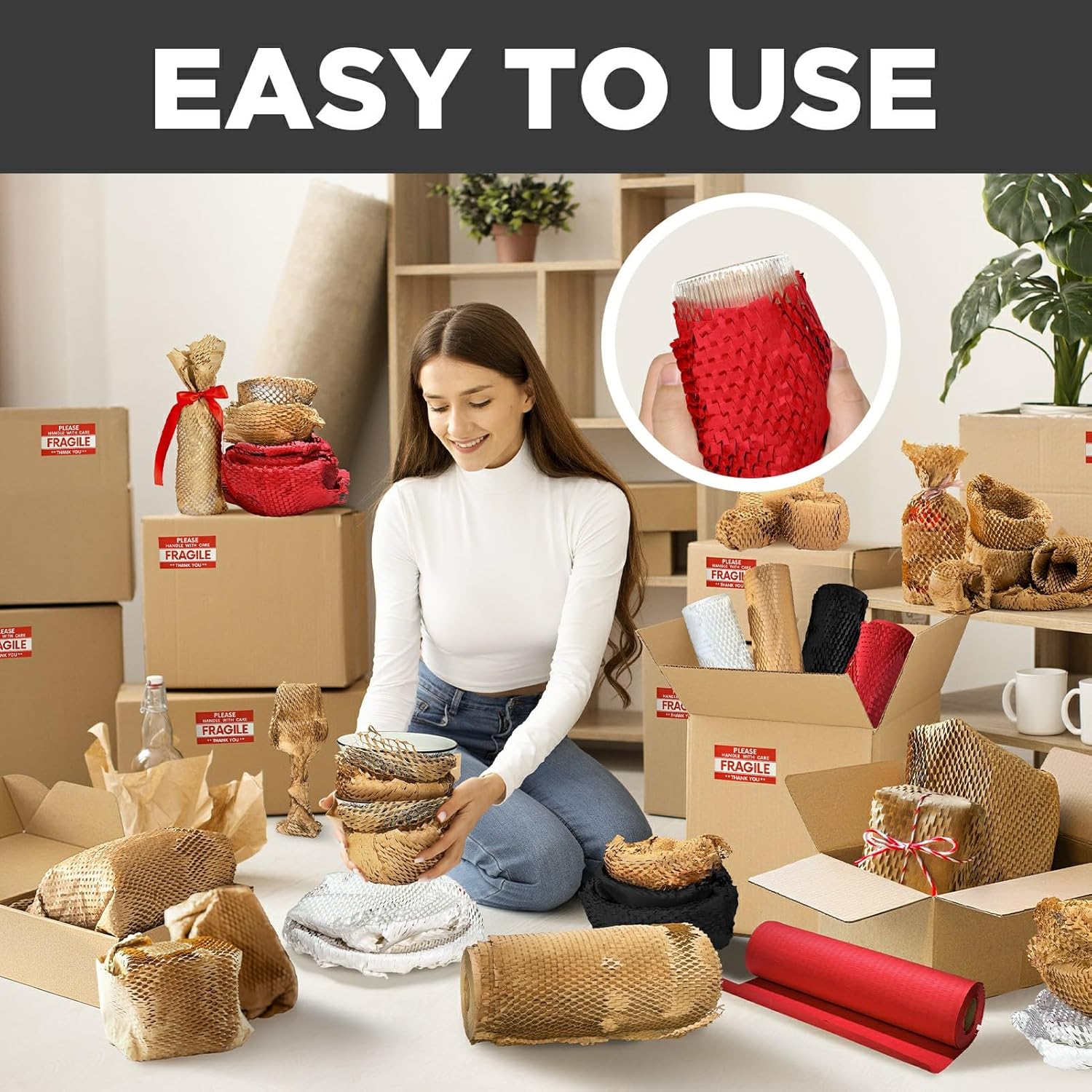 Honeycomb Packing Paper, 12"x300' Red | Perforated Honeycomb Packing Paper Recyclable Moving Supplies for Shipping & Moving | Plastic-Free Alternative to Bubble Cushion Wrap with 36 Fragile Stickers