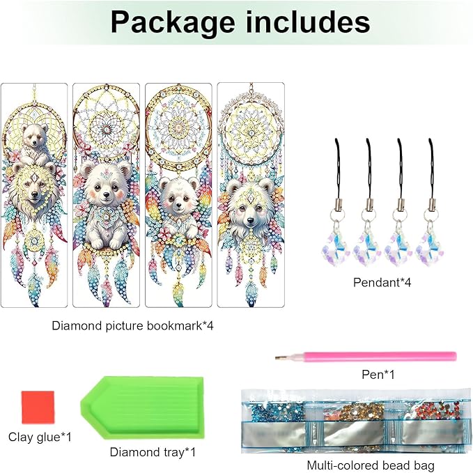 4 Pcs 5D Diamond Art Bookmarks for Book Lovers, Cute Animal Dreamcatcher Rhinestone PU Leather Diamond Crafts Bookmarks for Adults, Tassel Beaded Book Mark for Graduation Birthday Reading Present