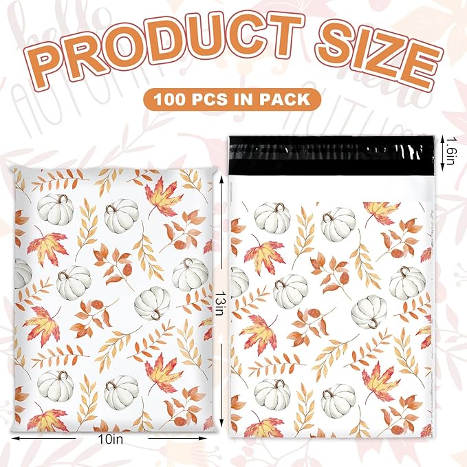 100Pcs Fall Poly Mailers 10 x 13 Inch Pumpkin Leaves Autumn Mailing Bags Thanksgiving White Orange Self-Sealing Plastic Packaging Envelopes Bags Shipping Bags for Small Business Clothing