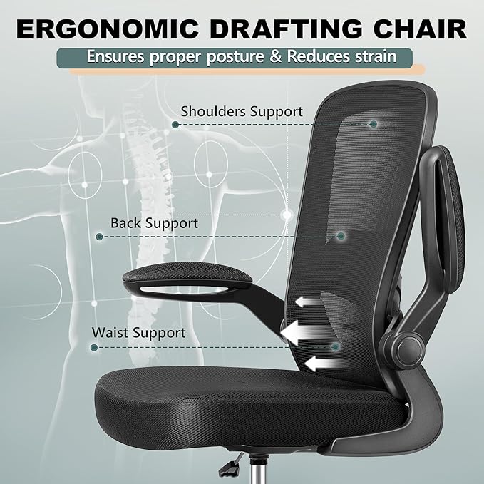 FelixKing Drafting Chair Ergonomic Tall Office Chair, Breathable Mesh Chair with Adjustable Footrest Ring Lumbar Support Flip-up Armrests, High Back Executive Comfy Task Computer Chair for Home Office