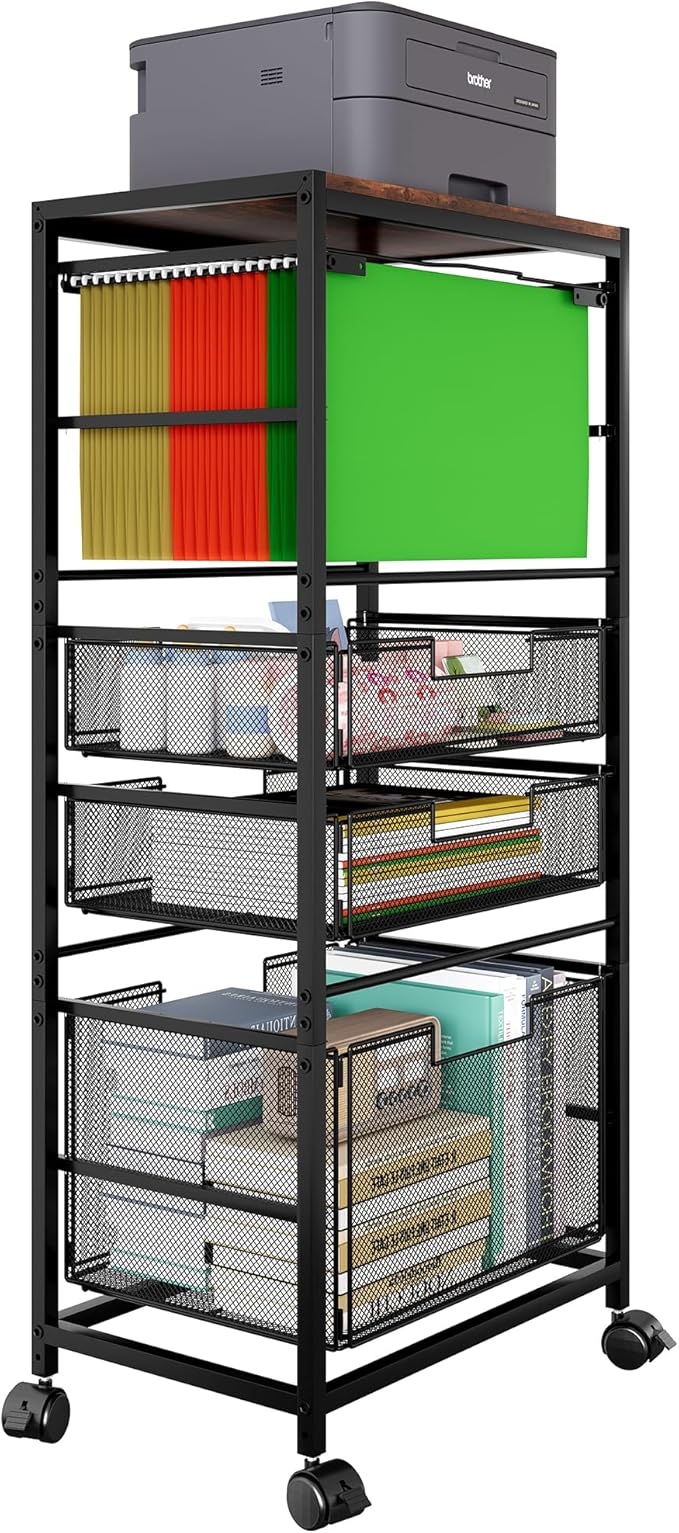 EasyPAG Rolling File Cart with Wheels Letter & Legal Size Hanging File Folder Rack Mobile File Folder Rack with Pull-Out Drawer for Home Office, Black