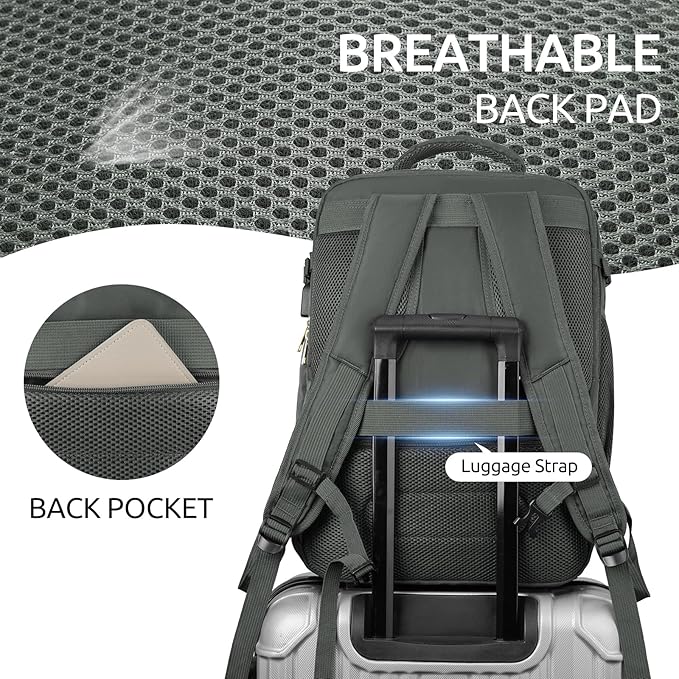 Travel Backpack for Women, Carry On Backpack for Airplanes Flight Approved, Waterproof Large Weekender Overnight Bag Fit 17 Inch Laptop with USB Charging Port, Olive Green